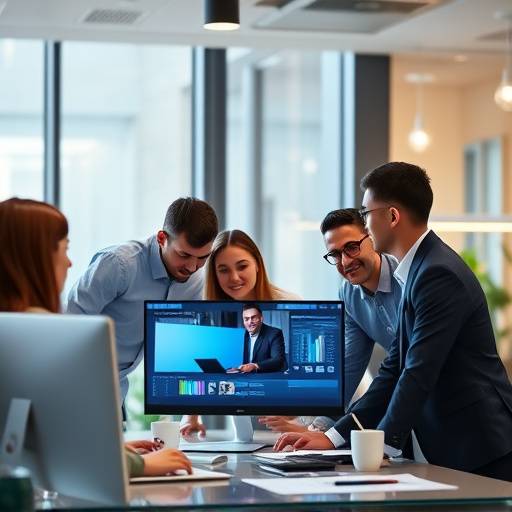 Captura de pantalla del video corporativo para 'Innovatech Soluciones', mostrando una oficina moderna y un equipo colaborando.